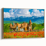 Framed canvas of a vintage Romanian landscape painting, featuring muted earth tones, ideal for bedroom wall art.