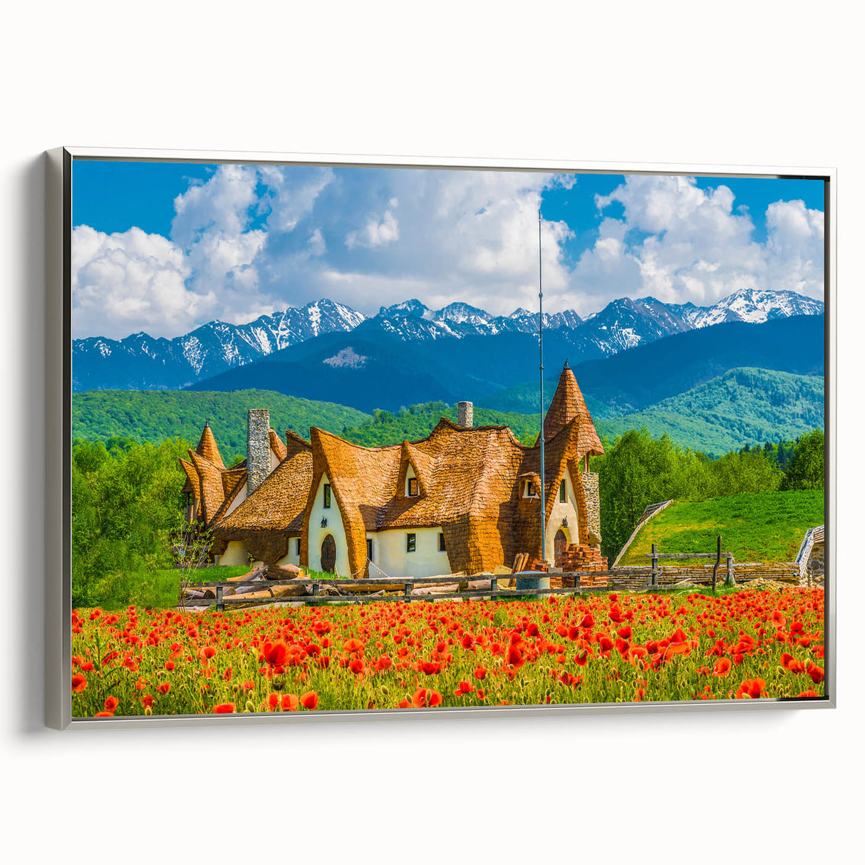 Framed canvas landscape art painting depicting a colorful Romanian village scene.
