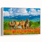 Vintage poster art of a Romanian landscape on framed canvas, featuring colorful details on a black background.