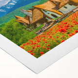 Art deco poster featuring a scenic European Romanian landscape on rolled canvas, suitable for dining room wall art.