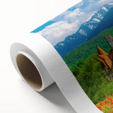 Art Deco style poster depicting a serene Romanian landscape on rolled canvas.