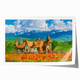 Rolled print of a Romanian landscape with lush greenery and floral elements, ideal for art wall dining room.