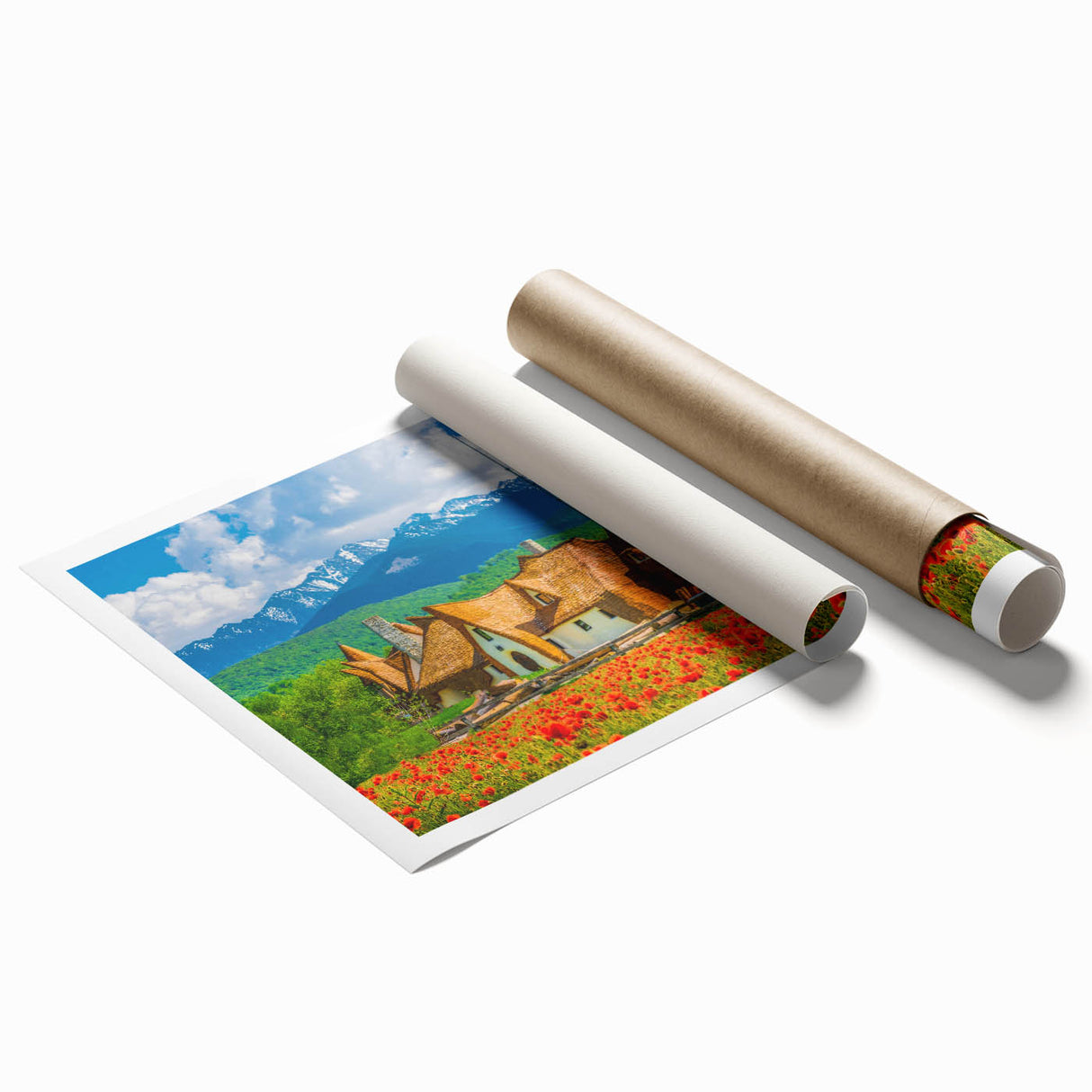 Extra large rolled print depicting a floral scene in Romania, with muted earth tones, ideal for classy bathroom wall art.
