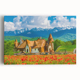 Black and white photograph of a European street scene on stretched canvas.