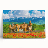 Black and white photograph of a European street scene on large stretched canvas, ideal for kitchen art.