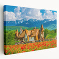 Large canvas print featuring a scenic European landscape in Romania with muted earth tones, suitable for kitchen wall art.