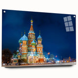 Acrylic print of a large abstract depiction of Moscow skyline in muted gray and blue tones, ideal for dining room decor.