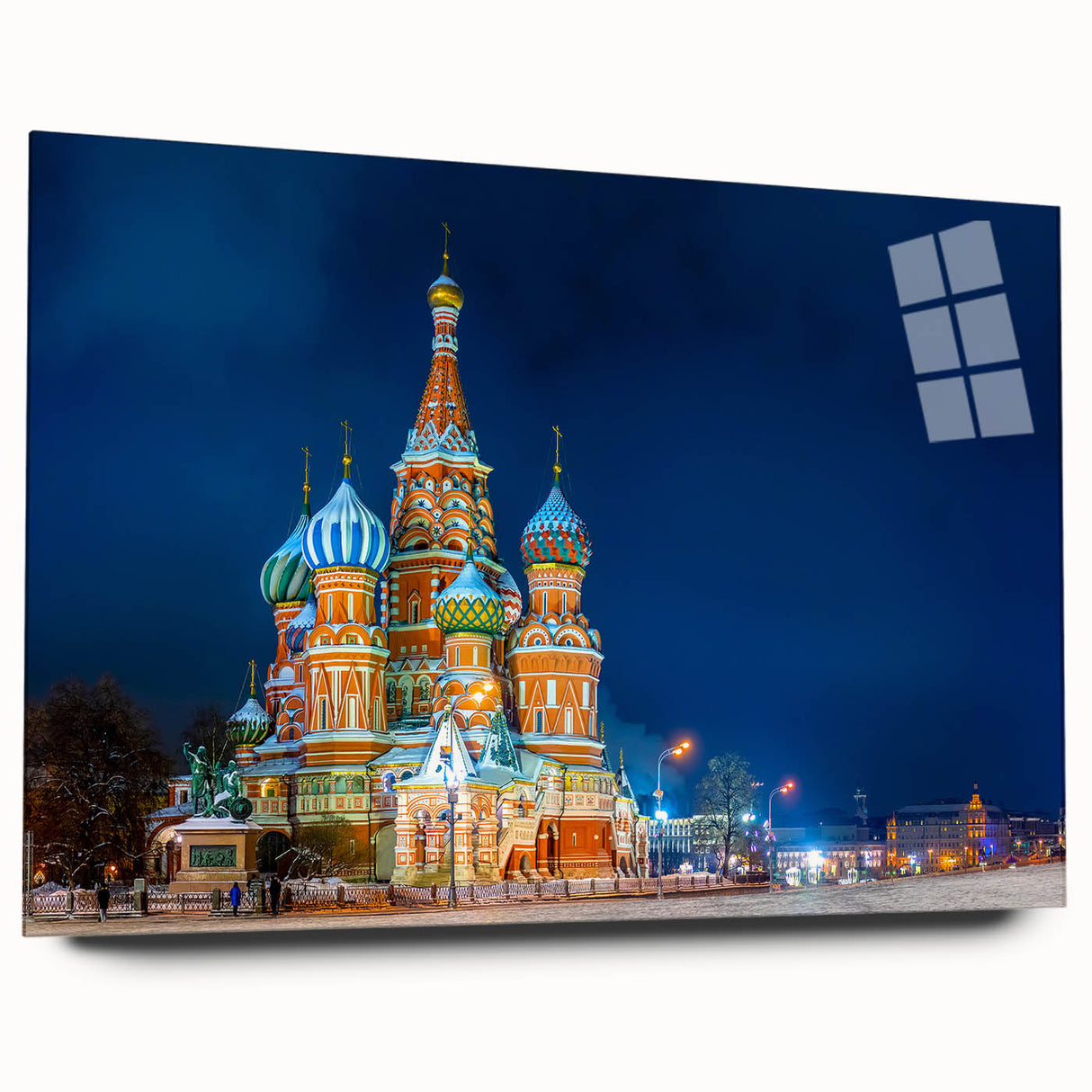 Acrylic print of a large abstract depiction of Moscow's skyline in cool blue and grey tones.