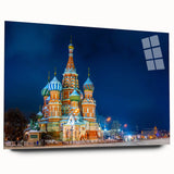Acrylic print of a large abstract depiction of Moscow's skyline in cool blue and grey tones.