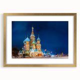 Abstract art print of Moscow skyline in muted gold and blue tones on a framed canvas, suitable for dining room decor.