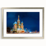 Extra large abstract art print of a textured Moscow cityscape in muted gray and blue tones, framed with a silver mat.