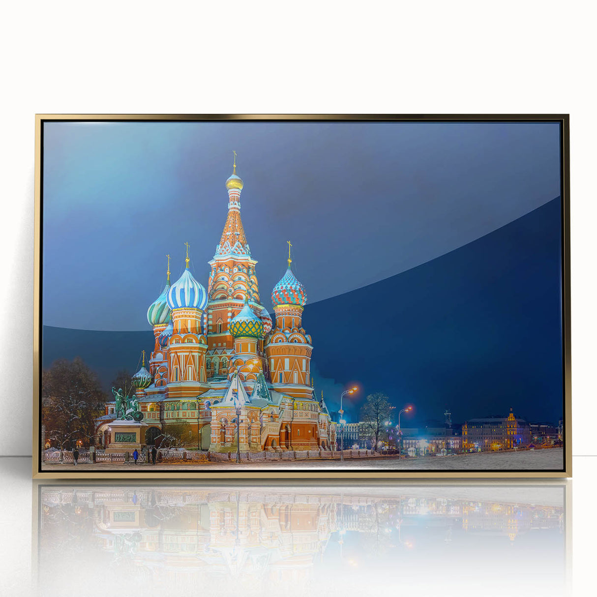 Art Deco poster of Moscow skyline in gold and black hues on acrylic, ideal for modern art wall decor.