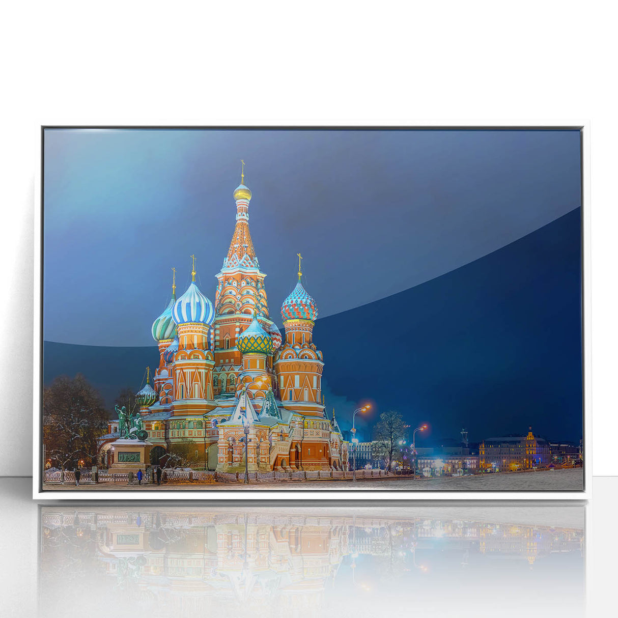 Mid-century modernist art of Moscow skyline in muted gray tones on a white framed acrylic, suitable for nursery wall decor.
