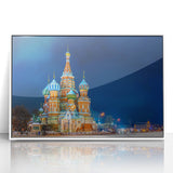 Mid-century modernist art of Moscow skyline in muted gray tones on a white framed acrylic, suitable for nursery wall decor.