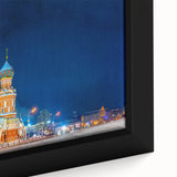 Close-up of extra large framed canvas featuring a textured depiction of Moscow, with a black and colorful art style.