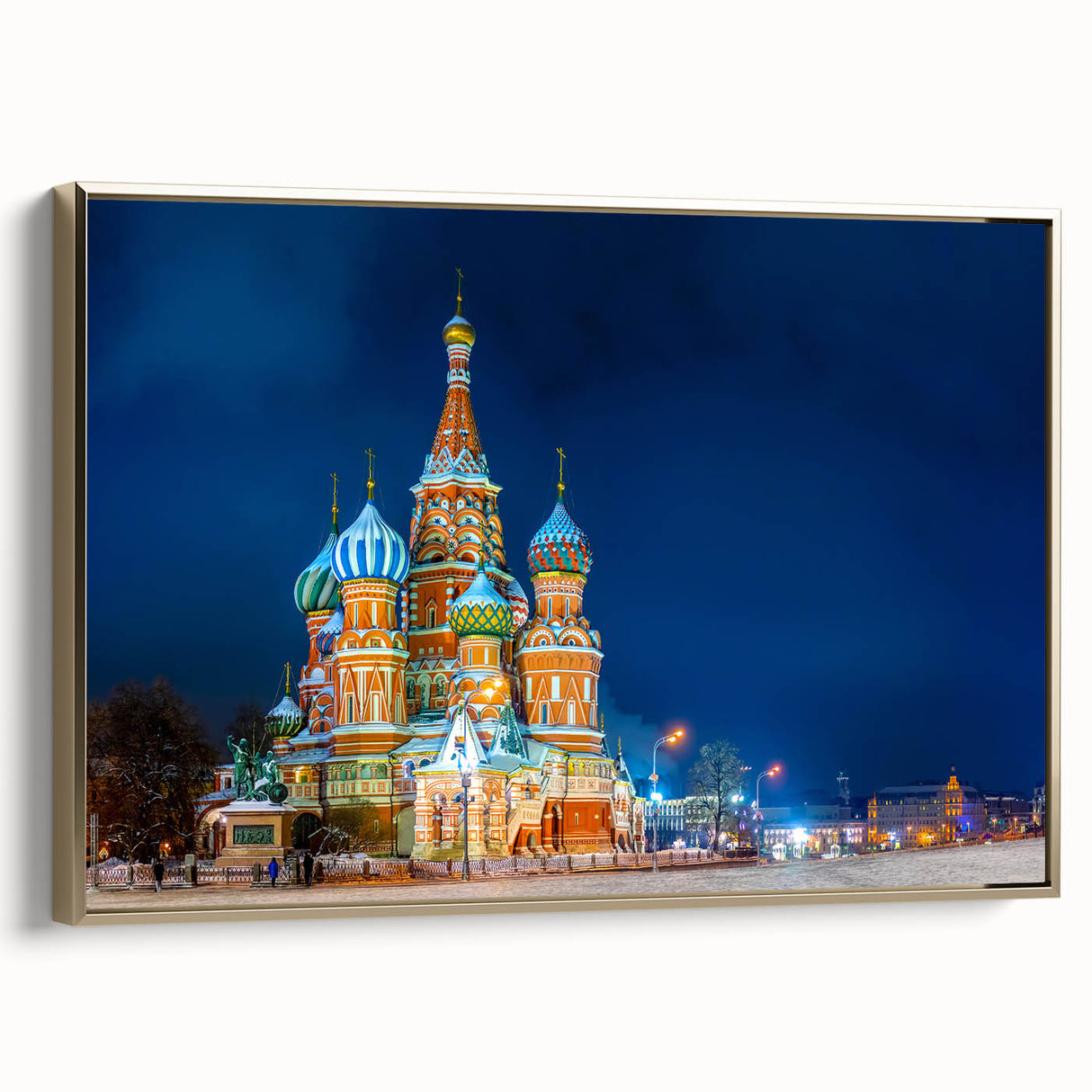 Vintage poster art of Moscow landscape in black and gold tones on framed canvas, ideal for bedroom wall decor.