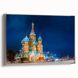 Framed canvas landscape art painting of Moscow with colorful vintage poster art style, ideal for living room decor.