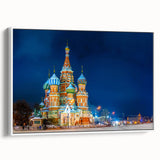 Vintage poster art of Moscow scenery in colorful hues on a large framed canvas, ideal for living room decor.