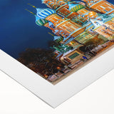 Art deco poster of Moscow skyline in muted earth tones on rolled canvas, suitable for dining room wall art.