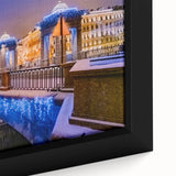 Extra large framed canvas of a textured, colorful St. Petersburg cityscape in muted tones, ideal for living room decor.