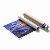 Rolled print of a European cityscape with muted pastel colors, ideal for classy bathroom wall art or large living room decor.