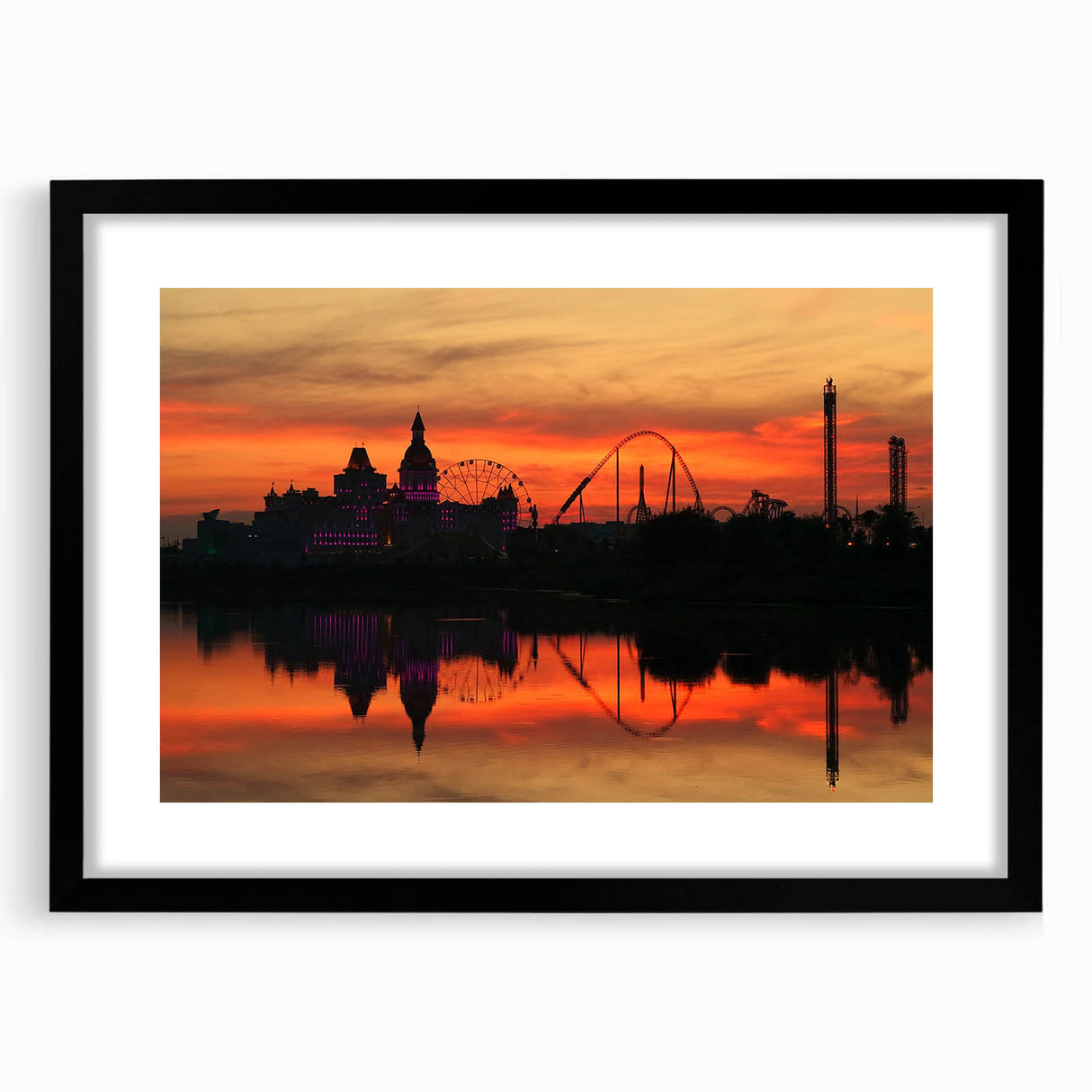 Abstract art print of colorful, textured scenery, in a black frame with mat, suitable for large living room walls.