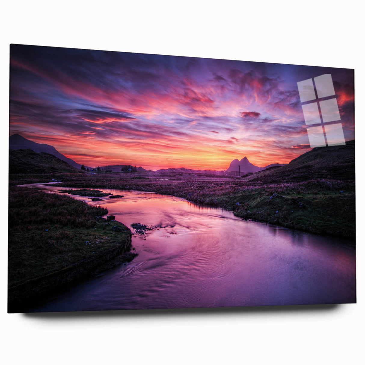 Acrylic print of a Scottish landscape in muted green and blue tones, suitable for bedroom or dining room decor.