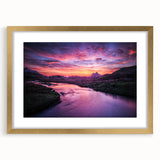 Abstract art print of a Scottish landscape in muted green and blue tones on a gold-framed canvas.