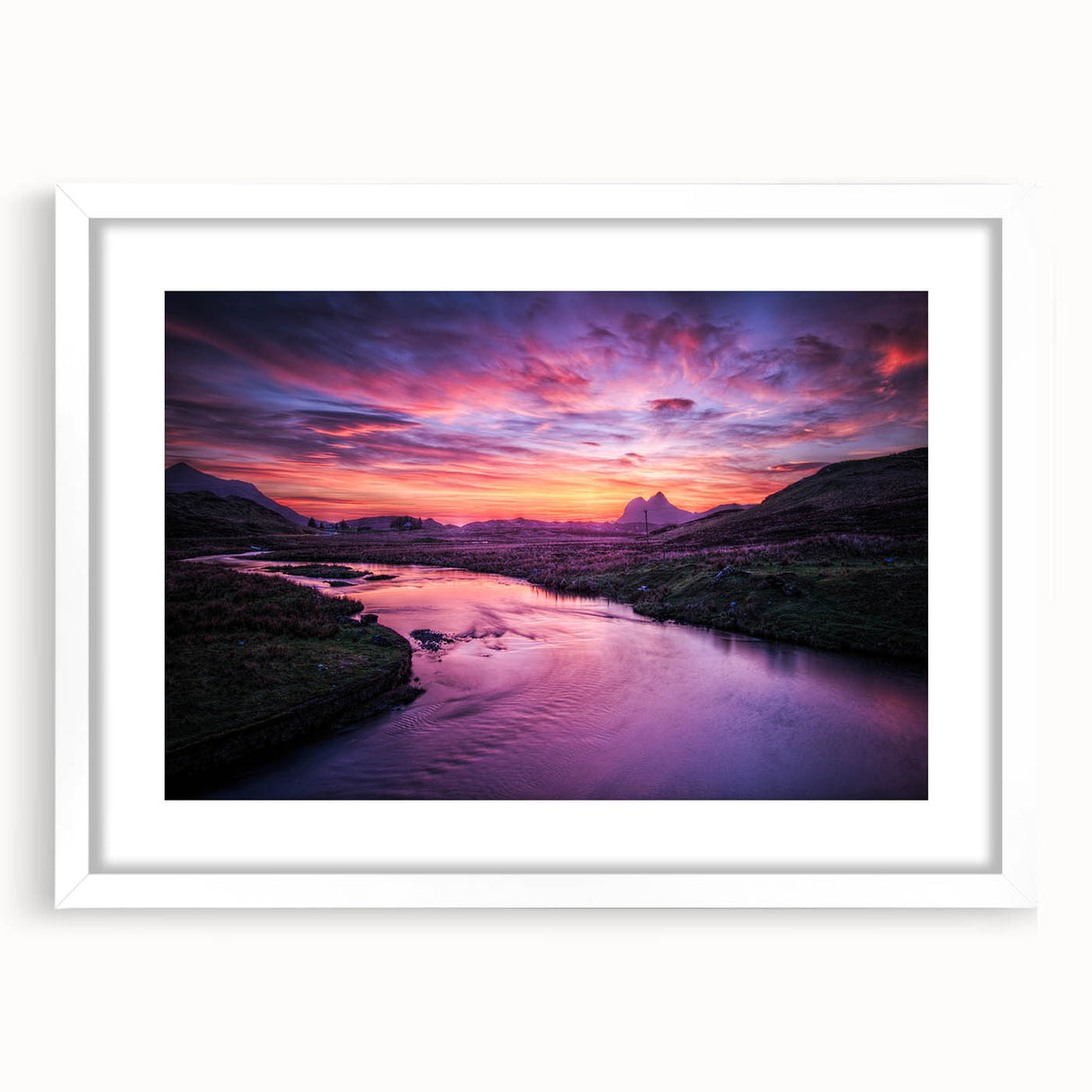 Textured abstract art print of a Scottish landscape in muted earth tones on a framed white mat, ideal for bedroom art.