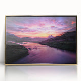 Art deco poster of a serene Scottish landscape in muted green and blue tones, framed in gold acrylic.