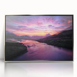 Large art print of a Scottish landscape in muted green and blue tones, framed in silver acrylic.