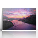 Mid-century modernist art depicting a serene Scottish landscape in muted green and blue tones, framed acrylic print.