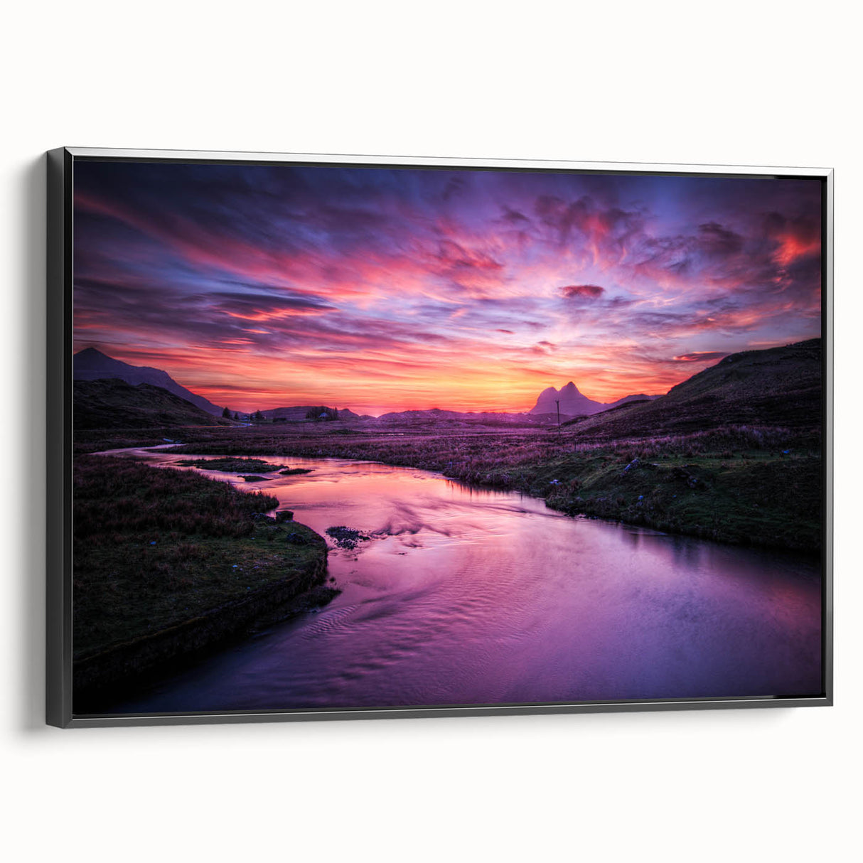 Black and white framed canvas depicting a vintage-style Scottish landscape, ideal for bedroom wall art.