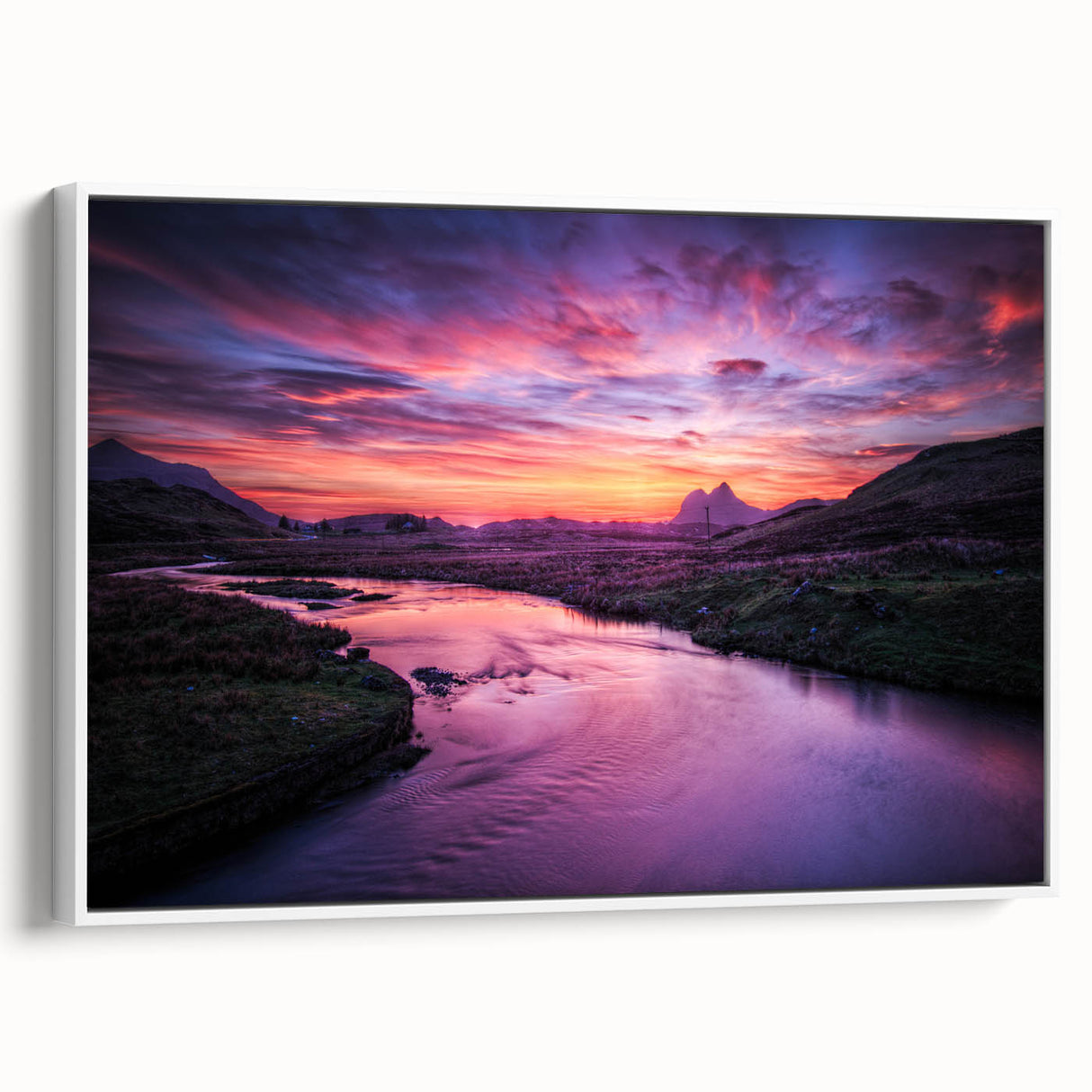 Vintage poster art of a Scottish landscape on extra large framed canvas, featuring vibrant green and blue tones.