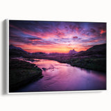 Vintage poster art of a Scottish landscape on extra large framed canvas, featuring vibrant green and blue tones.