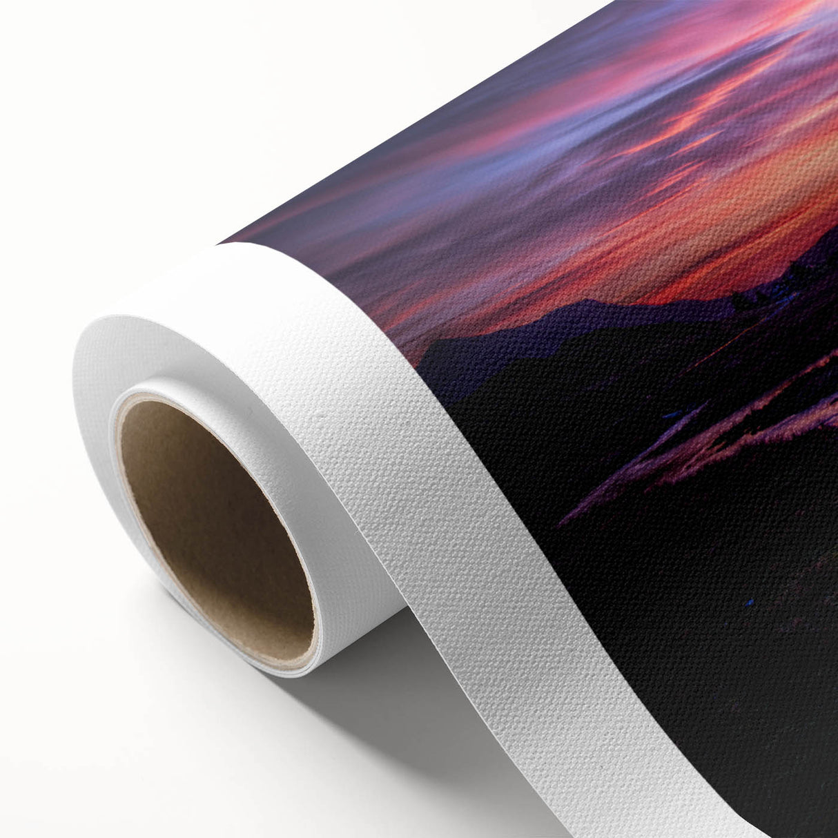 Art Deco poster of a Scottish landscape on rolled canvas, with muted green and blue tones.