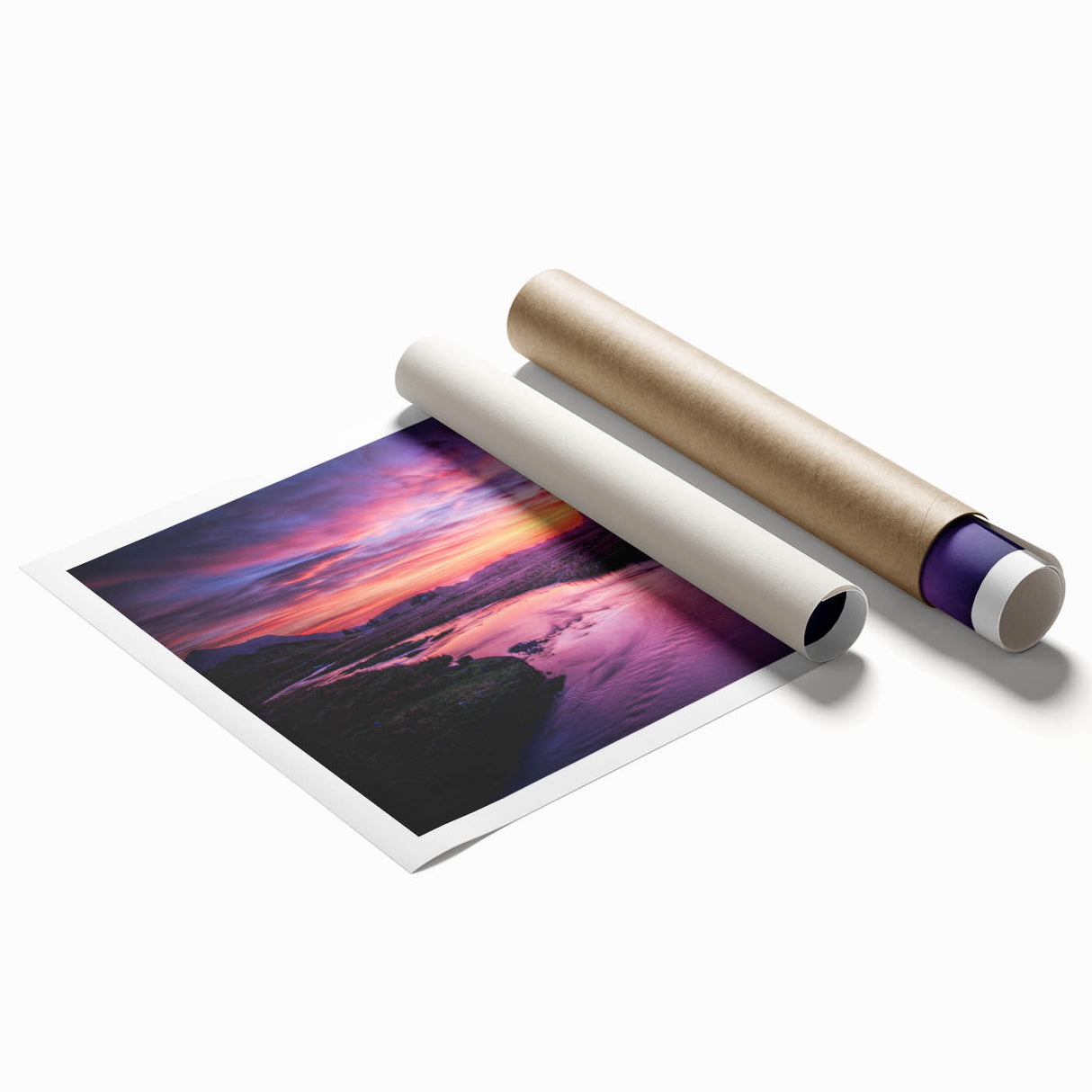 Extra large rolled print of a Scottish landscape with muted green and blue tones, ideal for classy bathroom wall art.