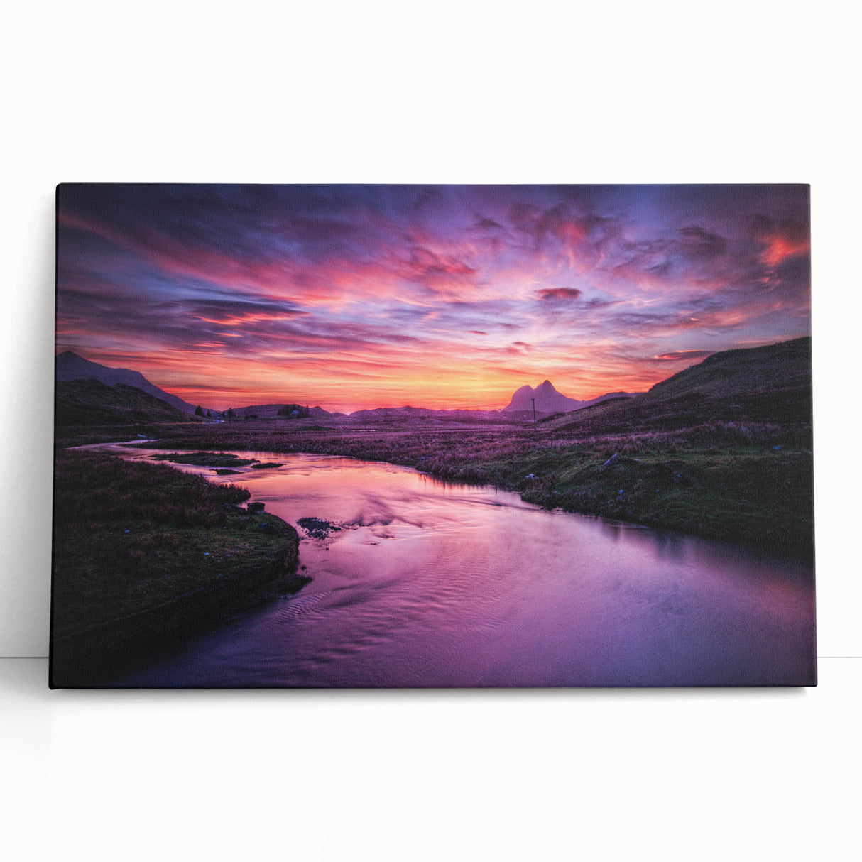 Black and white large art print of a Scottish landscape on stretched canvas, ideal for kitchen wall art.