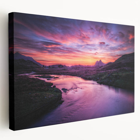 Large canvas print of a serene Scottish landscape in muted green and blue tones, suitable for kitchen wall art.