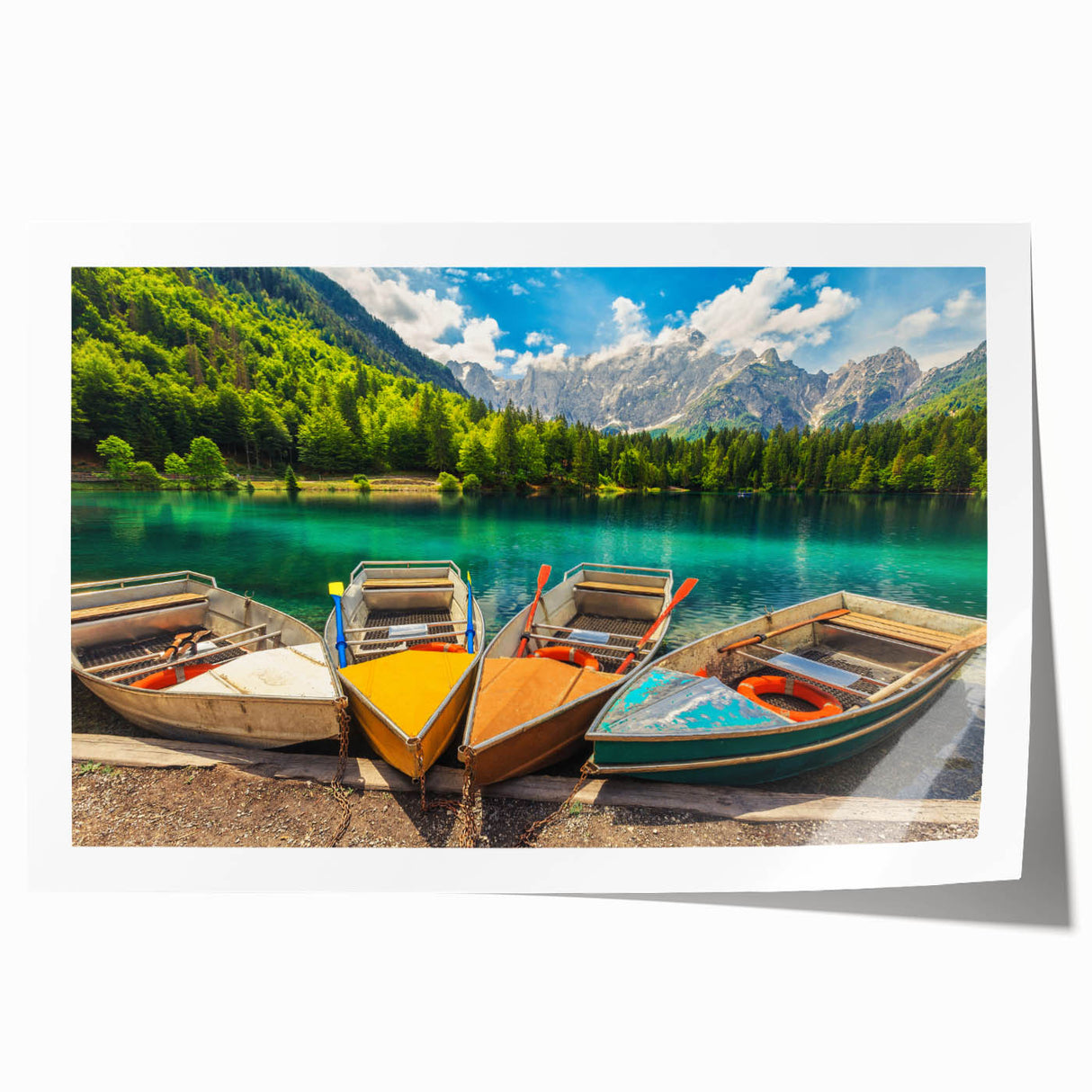 Rolled print of a scenic Slovenian landscape with vibrant green fields and a clear sky, ideal for dining room wall art.
