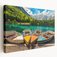Large stretched canvas depicting a serene Slovenian landscape in muted green and blue tones, ideal for kitchen wall art.