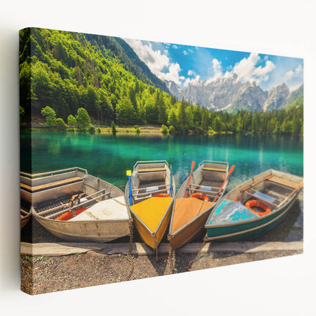 Large stretched canvas depicting a serene Slovenian landscape in muted green and blue tones, ideal for kitchen wall art.