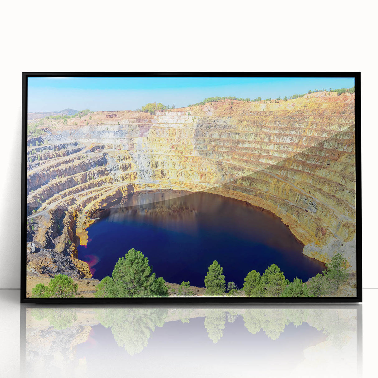Large abstract wall art depicting Andalusian scenery in muted earth tones, framed in black acrylic.