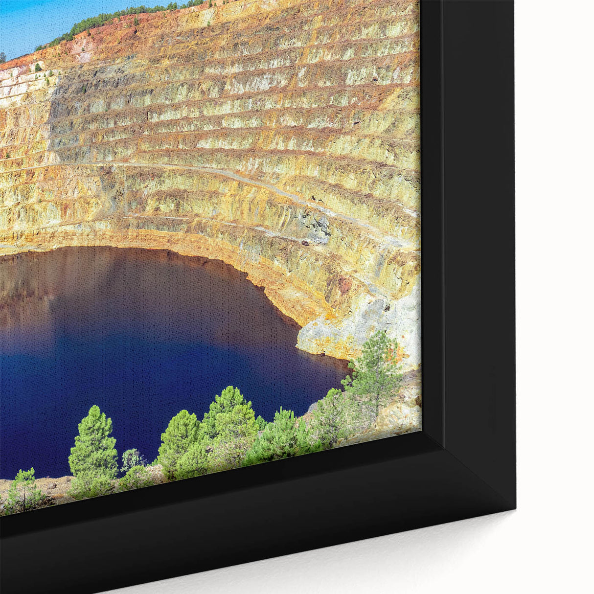 Extra large framed canvas featuring a textured depiction of Andalucian scenery in black with colorful art accents.