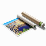 Extra large rolled print of Andalucian scenery with vibrant floral elements, ideal for classy bathroom wall art.