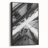 Black and white wall art of Barcelona landscape on framed canvas, suitable for bedroom decor.