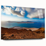 Large abstract wall art of the Canary Islands in vibrant blue and green tones on acrylic glass.