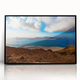 Large abstract wall art featuring a mid-century modernist style of the Canary Islands in Spain with muted earth tones on…