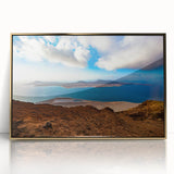 Art deco poster depicting a serene Canary Islands landscape in soft pastel shades on a framed acrylic.
