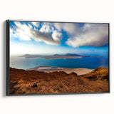 Black and white vintage poster art of a Canary Islands landscape on framed canvas, ideal for bedroom decor.